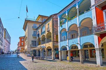 The porticoed houses on Piazza Grande in Locarno, Switzerland