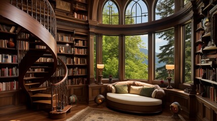 Two-story home library in circular Renaissance-style turret with curved staircases hidden rooms window seats custom millwork and arched windows. - obrazy, fototapety, plakaty