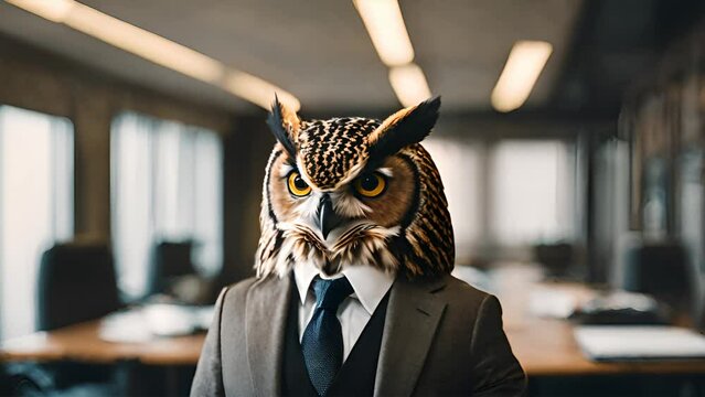 Portrait of an owl dressed in a formal business suit. Serious Owl wearing tie.
