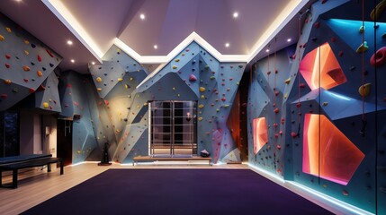 Two-story home rock climbing wall with safety mats geometric architectural detailing and accent...