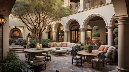 Two-story Mediterranean loggia courtyard with domed brick ceilings stone columns antique fountains and lush outdoor living spaces. - obrazy, fototapety, plakaty