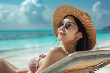 Smiling Asian girl sunbathing on a seashore in a chaise lounge