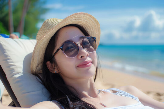 Happy young Asian woman resting on a sunny beach in a chaise lounge