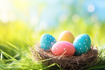 Fototapeta na wymiar Three painted easter eggs in a birds nest celebrating a Happy Easter on a spring day with a green grass meadow and blurred grass foreground and bright sunlight background with - generative ai