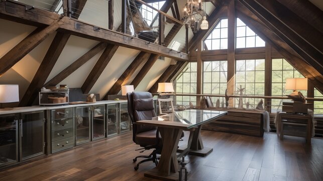 Two-story rustic barnwood home office with suspended glass floor walkway reclaimed wood beams and vaulted ceilings.