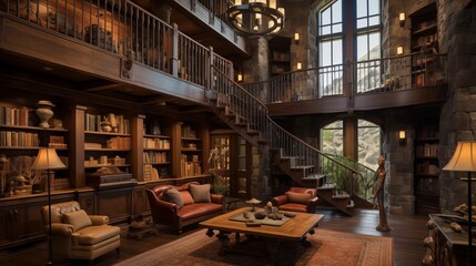 Two-story rustic stone and timber estate library with suspended walkways and rolling ladder access to books.