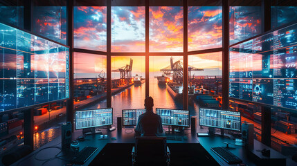 Maritime port cybersecurity, zerotrust in shipping logistics, harbor control room, busy, twilight - obrazy, fototapety, plakaty