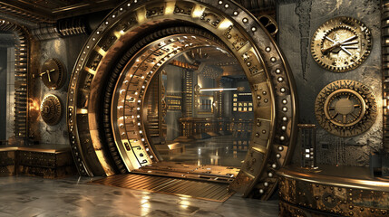 Steampunk-Inspired Vault Door with Intricate Gears and Pipes
