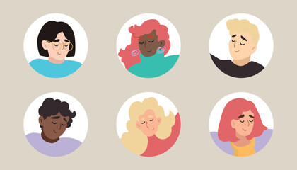Happy diverse people with different hairstyle blog avatar. Concept of freedom, happiness and aspirations. Colored flat vector illustration isolated on simple background