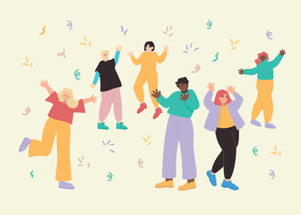 Fototapeta na wymiar Happy free diverse party people dancing and jumping in air. Concept of freedom, happiness and aspirations. Colored flat vector illustration isolated on simple background