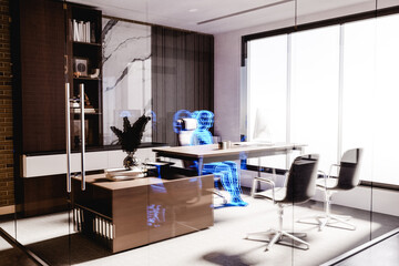 Modern workplace with human holograms sitting on chairs, AI concept. 3d render