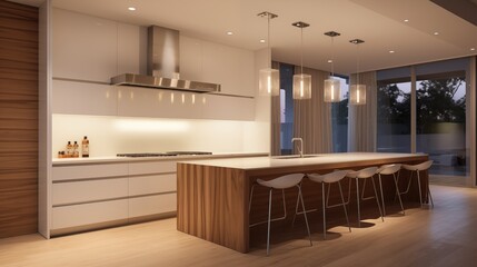 Ultra-modern minimalist kitchen with integrated appliances sleek lacquered cabinetry warm wood accents and waterfall island countertop.