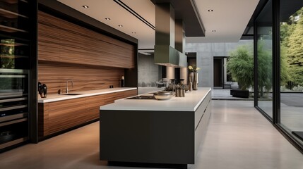 Ultra-modern minimalist kitchen with integrated appliances sleek lacquered cabinetry warm wood accents and waterfall island countertop. - obrazy, fototapety, plakaty