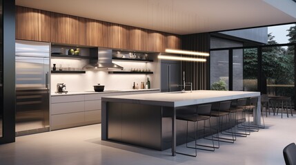 Ultra-modern minimalist kitchen with integrated appliances sleek lacquered cabinetry warm wood...