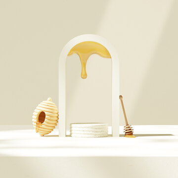 3D render of a display podium showcasing premium honey products