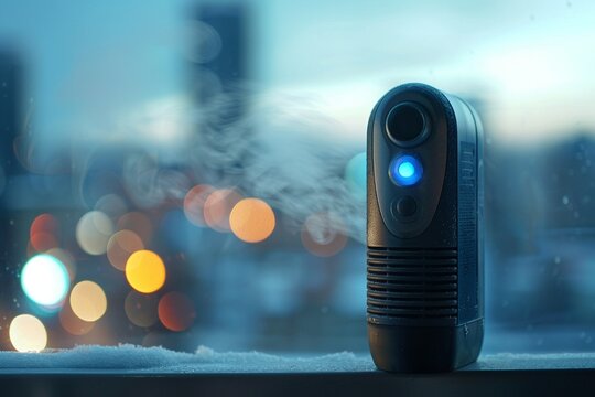 Smart asthma inhaler, app tracking usage and air quality, health tech, closeup, day