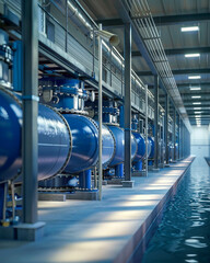 Water treatment facility, digital twins simulating flow and purification, critical, focused - obrazy, fototapety, plakaty
