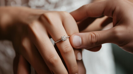 close-up of a hand gently placing an engagement ring with a large diamond on the ring finger of another hand