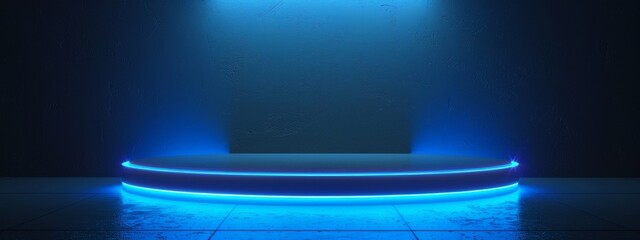 Neon podium background blue light 3D platform product stage dark. Neon pedestal podium background glow scene room circle led stand round display studio game show floor empty effect ring line purple. - obrazy, fototapety, plakaty
