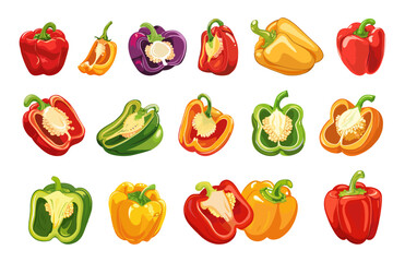 Fototapeta premium Colorful cartoon peppers. Sliced half pepper bell isolated set. Red, yellow and green fresh vegetables, vitamin organic food vector elements