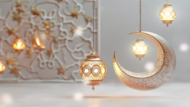 Candle lanterns and moon, ramadan ornaments, seamless looping time-lapse video background