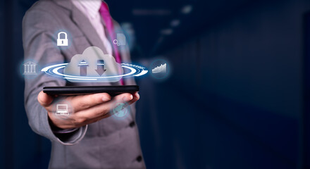 businessman uploads and downloads data from the cloud managing his banking and business data from the security of his smartphone