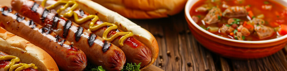 A banner with grilled nipples. Hot dogs. Barbecue. - obrazy, fototapety, plakaty