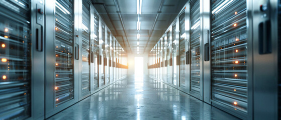Empty airport server room with rows of servers bathed in cool light - obrazy, fototapety, plakaty