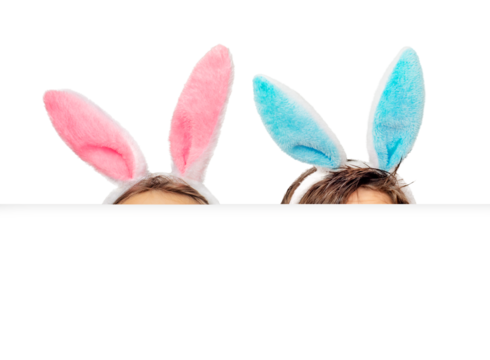 Children hunt for Easter eggs. Children wearing bunny ears hid behind a white sheet of paper. Isolated on a white background.