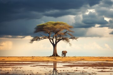 Lonely elephant near tree in surreal nature landscape, expressing poignant concept of isolation - obrazy, fototapety, plakaty