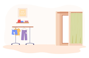 Clothes store interior design. Cartoon vector illustration. Clothes rack with trousers, shorts and T-shirt. Empty fitting room. Shopping concept