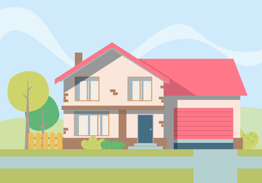 Country house vector illustration. Suburban cottage with garage and little garden. Summer landscape. Real estate concept
