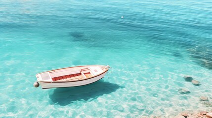 Exotic coastal beauty aerial view of boat on tropical ocean shore, summer travel concept