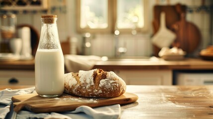 Photo of morning breakfast in the village, milk and fresh bread on the table against the background...