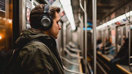 a man with headphones in a subway - obrazy, fototapety, plakaty