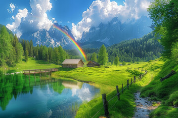 The beautiful environment of the earth is reflected in the rainbow over the mountains that tower over the grasslands. A mountain hut stands near the lake of the miraculous planet. Nature landscape con - Powered by Adobe