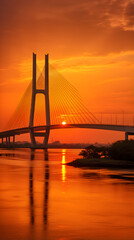Fototapeta na wymiar Spectacular Sunset View of Bhumibol Bridge, the Industrial Ring Road Bridge in Thailand