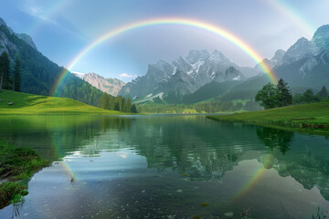 The beautiful environment of the earth is reflected in the rainbow over the mountains that tower over the grasslands. A mountain hut stands near the lake of the miraculous planet. Nature landscape con