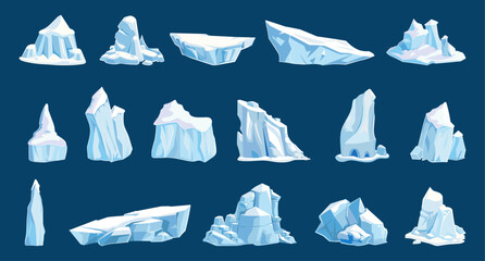 Icebergs icons. Isolated iceberg, north pole nature elements. Antarctic landscape object, ice rocks and snow mountains. Cartoon vector clipart - obrazy, fototapety, plakaty