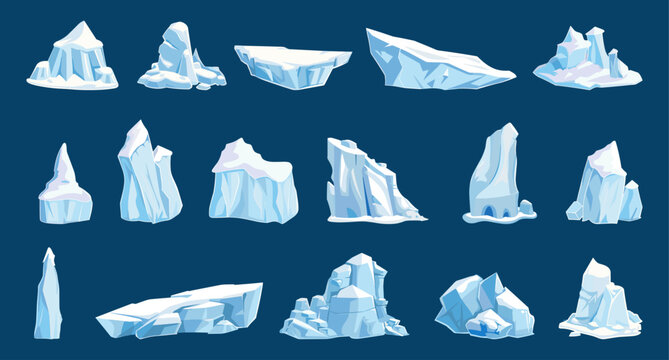 Icebergs Icons. Isolated Iceberg, North Pole Nature Elements. Antarctic Landscape Object, Ice Rocks And Snow Mountains. Cartoon Vector Clipart