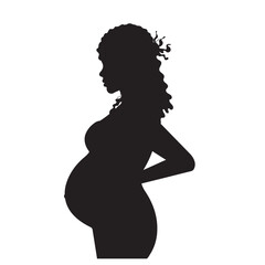 Black silhouette of pregnant woman with curly hair on white background for icons, posters, banners. Vector illustration