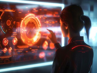 A woman is pointing at a glowing screen with a red circle. Concept of technology and innovation, as the woman is interacting with a digital display