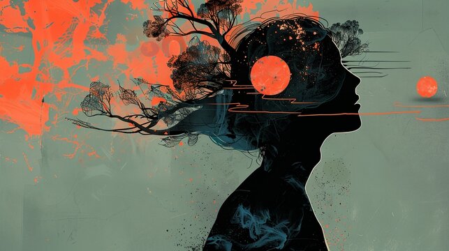 a woman with a tree in her head and a red sun in the background