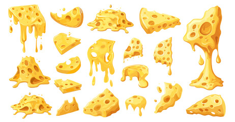 Melted cheese. Dripping cheese, hot mellow slices. Melt dairy product collection for hot sandwich, pizza, pasta or fondue. Isolated vector food ingredients