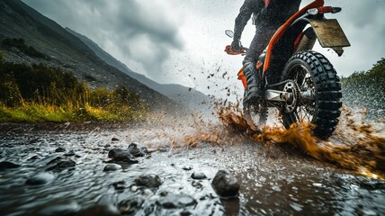 Off-road motorcycle crossing a mountain stream