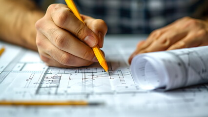 Close up hand working of Architect sketching project on blueprint at site construction work. Concept of architect, engineer in the office desk construction project with generative ai - obrazy, fototapety, plakaty