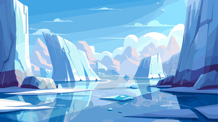 North Pole landscape. Cartoon arctic illustration with ocean and icebergs. Melting ice, snowy ice mountains and rocks, vector winter scene - obrazy, fototapety, plakaty