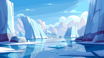 Foto op Canvas North Pole landscape. Cartoon arctic illustration with ocean and icebergs. Melting ice, snowy ice mountains and rocks, vector winter scene © LadadikArt