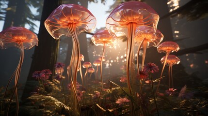 Enchanting fairy mushrooms in a magical forest captured from the unique view of an ant - obrazy, fototapety, plakaty