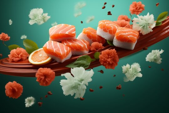 japanese sushi falling on vibrant solid background, perfect for culinary promotion